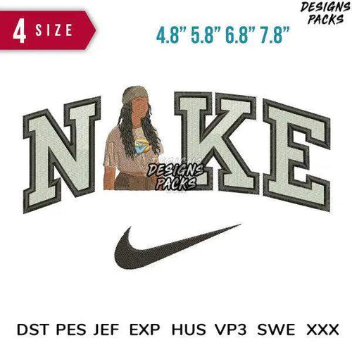 Embroidery design featuring 'NAKE' text with Nike swoosh, available in 4 sizes and multiple file formats for instant download.