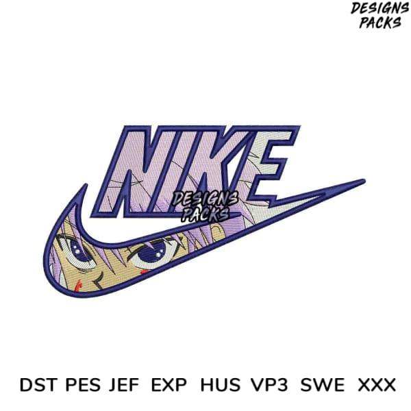 Embroidery design featuring anime-style eyes within Nike swoosh logo, available in PES, DST, JEF formats