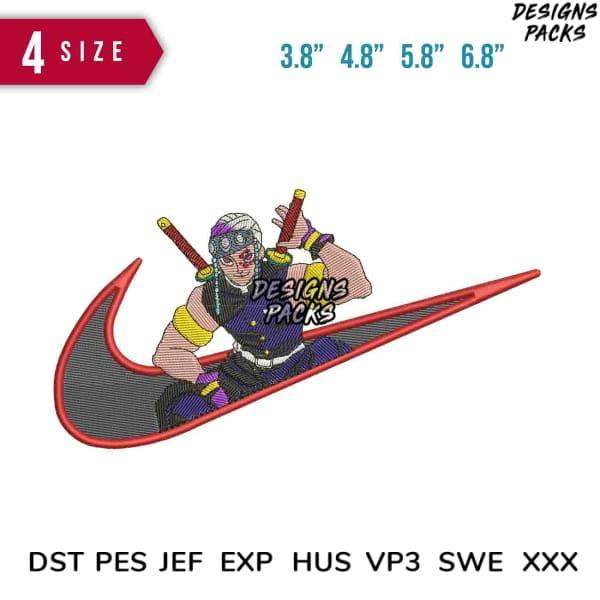 Anime character embroidery design in Nike swoosh, 4 sizes, DST PES JEF formats for instant download