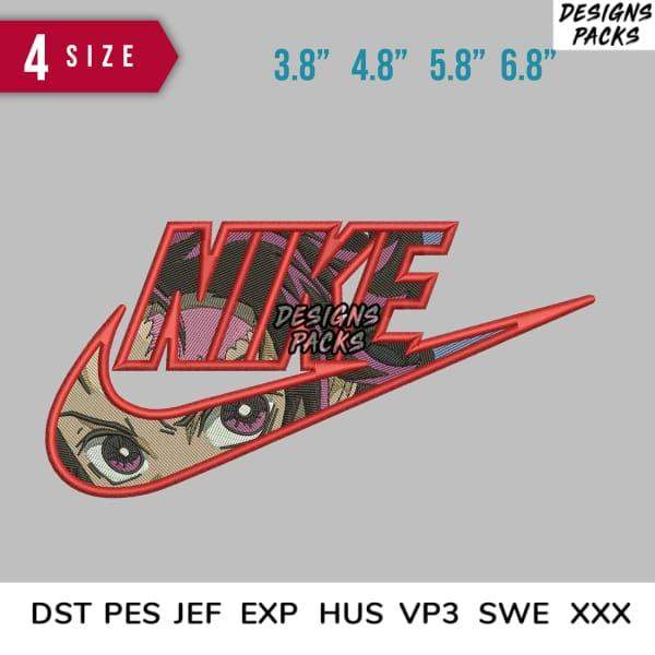 Anime-style Nike swoosh embroidery design in 4 sizes, compatible with DST PES JEF formats for instant download.