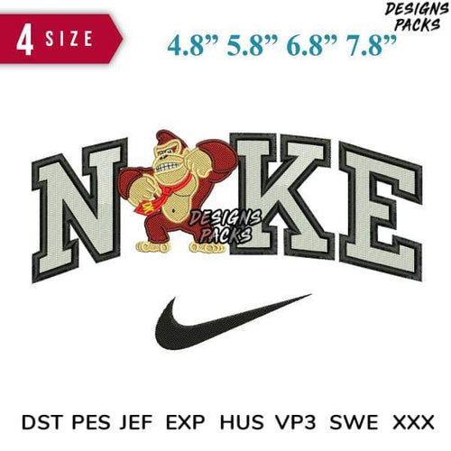 Embroidery design featuring Donkey Kong in 'NOKE' text with Nike swoosh, available in 4 sizes and multiple file formats