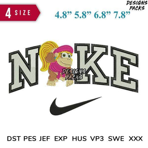 Monkey in pink hoodie with 'NOKE' lettering, embroidery design in 4 sizes, compatible with DST PES JEF formats