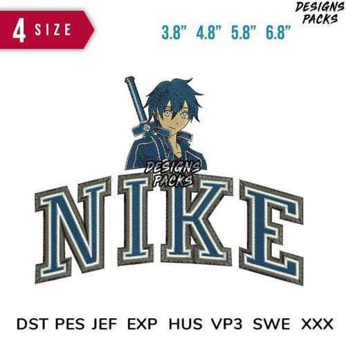 Embroidery design featuring anime character with sword and bold NIKE text, available in multiple sizes and formats