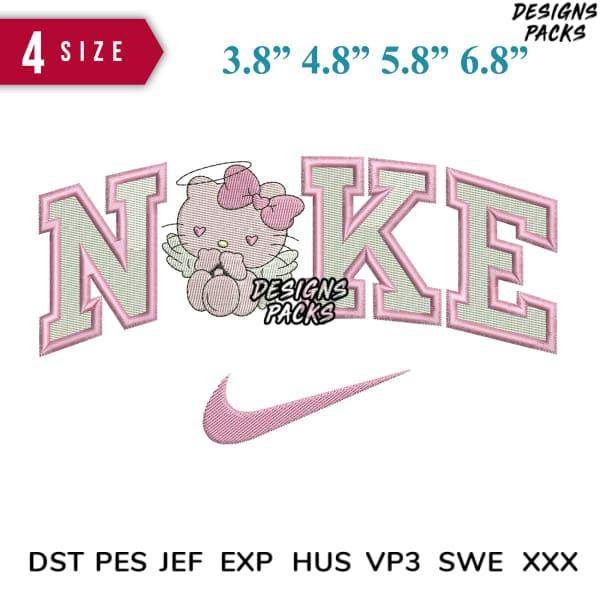 Hello Kitty angel with NOKE text & Nike swoosh embroidery design in 4 sizes, PES/DST formats