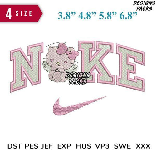 Hello Kitty angel with NOKE text & Nike swoosh embroidery design in 4 sizes, PES/DST formats