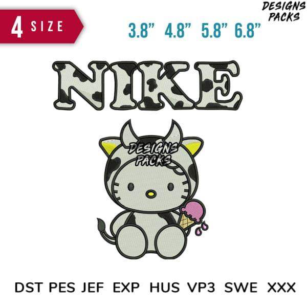 Cow print Nike Hello Kitty embroidery design in 4 sizes, PES DST JEF formats for instant download