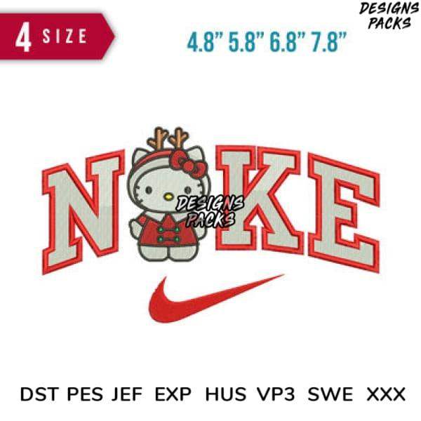 Hello Kitty in reindeer antlers with 'NOKE' text and Nike swoosh, embroidery design in DST PES formats