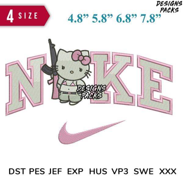 Hello Kitty holding gun in pink Nike-style embroidery design, 4 sizes, DST PES JEF formats