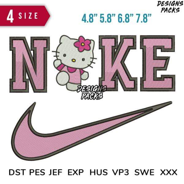 Hello Kitty in pink 'NOKE' embroidery design with Nike swoosh, 4 sizes, DST PES JEF formats