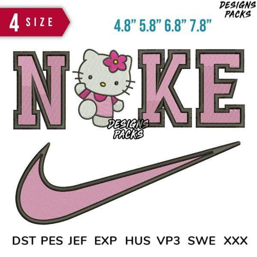Hello Kitty in pink 'NOKE' embroidery design with Nike swoosh, 4 sizes, DST PES JEF formats