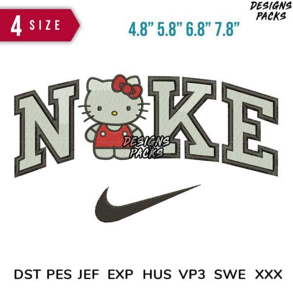 Hello Kitty in red dress with NKE text and Nike swoosh, embroidery design for instant download