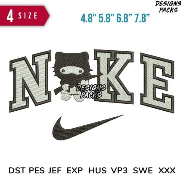 Embroidery design with 'NOKE' text, ninja cat, and swoosh logo in 4 sizes, compatible with DST PES JEF formats.