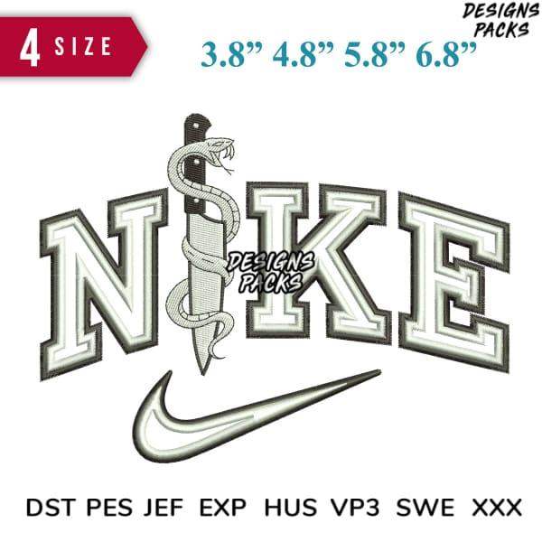 Embroidery design with snake-wrapped knife over bold 'NIKE' text and swoosh, 4 sizes, DST PES formats