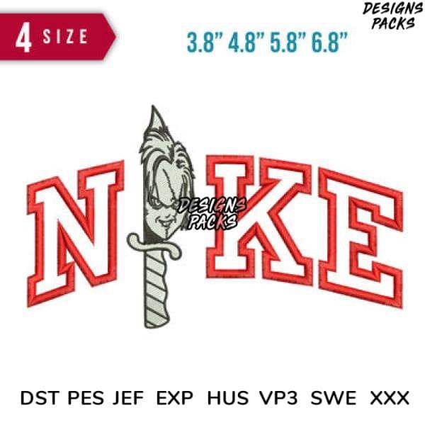 Embroidery design featuring horror doll face with knife in 'NIKE' lettering, available in 4 sizes and multiple formats