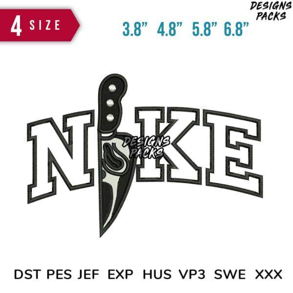 Embroidery design with knife through 'NIKE' lettering, 4 sizes, DST PES JEF formats