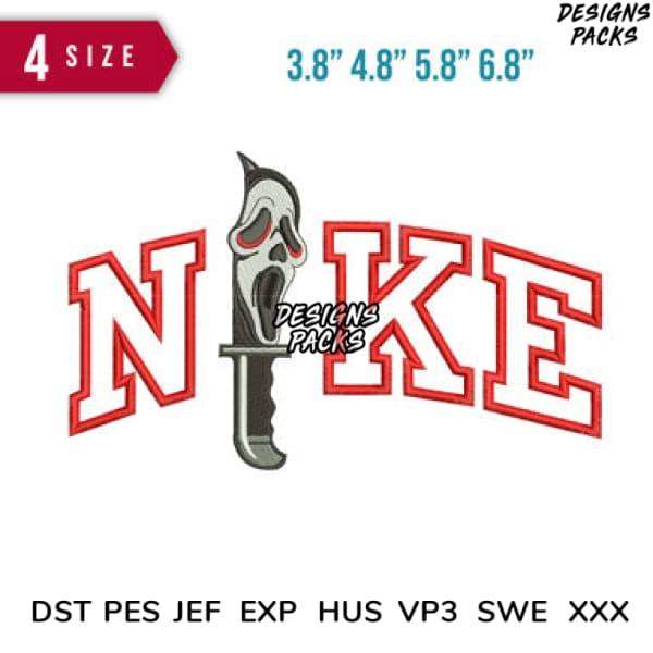 Nike-style embroidery design with ghost face knife, 4 sizes, DST PES JEF formats