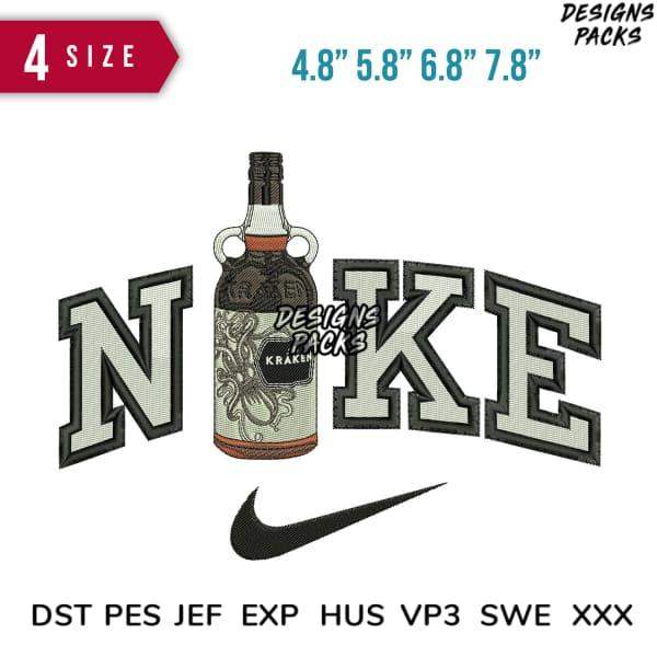 Embroidery design featuring Kraken bottle with 'NOKE' text and Nike swoosh, available in multiple sizes and formats