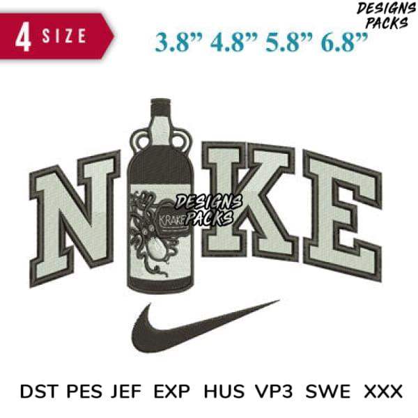 Nuke bottle design with Nike swoosh, 4 sizes, embroidery formats DST PES JEF for apparel printing