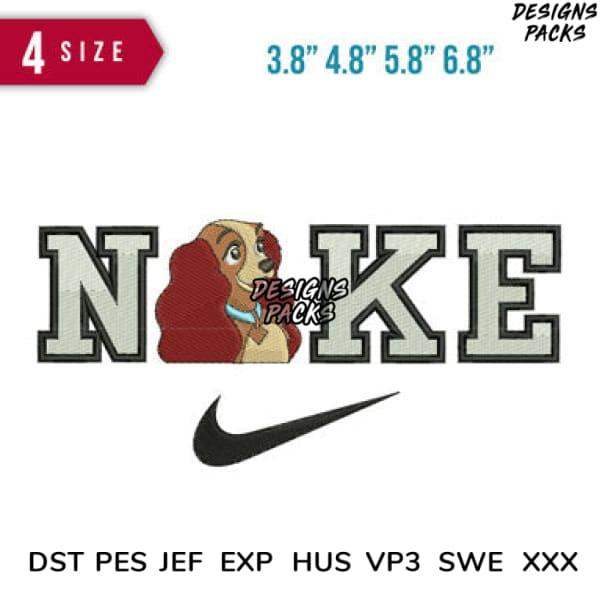 Lady and the Tramp embroidery design with Nike swoosh, 4 sizes, PES DST formats for DTG/DTF printing