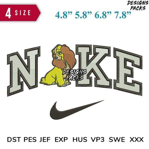 Embroidery design featuring 'NAKE' with dog, Nike swoosh, 4 sizes, DST PES JEF formats