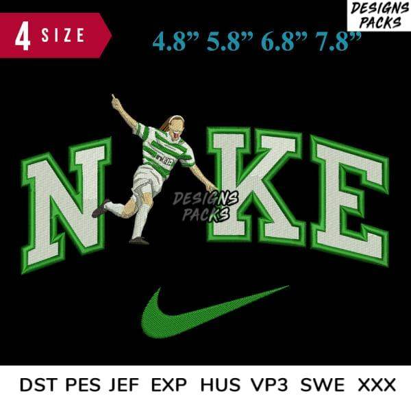 Embroidery design of soccer player in green & white jersey with 'NIKE' lettering and swoosh, available in multiple sizes and formats