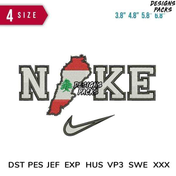 Embroidery design featuring Lebanon flag map with 'NIKE' text and swoosh, available in multiple sizes and formats.