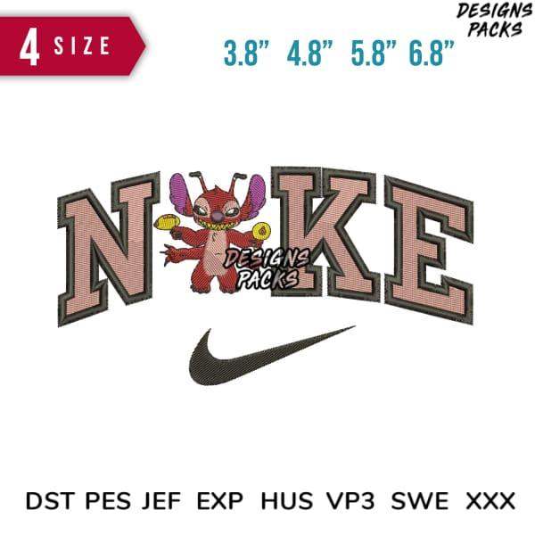 Stitchable embroidery design featuring Stitch character in 'NIKE' arch with 4 sizes, PES DST formats