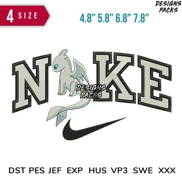 Embroidery design featuring Toothless dragon with 'NOKE' text and Nike swoosh, available in multiple sizes and formats.