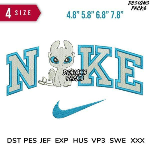 Cute dragon in Nike-style lettering embroidery design, 4 sizes, DST PES JEF formats