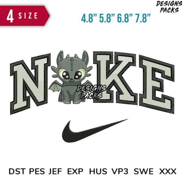 Embroidery design featuring 'NIKE' text with a dragon, available in multiple sizes and formats.