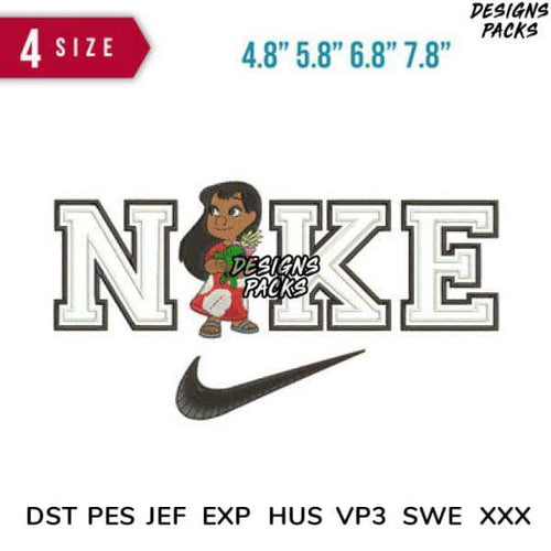 Lilo-themed Nike logo embroidery design in 4 sizes, compatible with DST PES JEF formats for instant download.