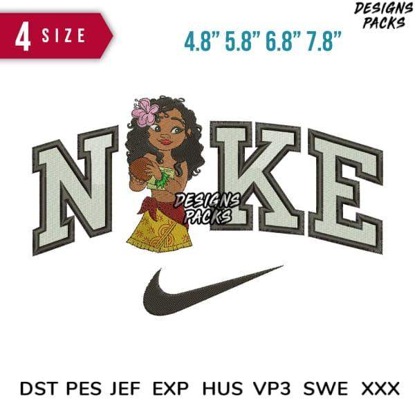 Embroidery design featuring Moana with Nike logo, available in multiple sizes and formats for instant download.