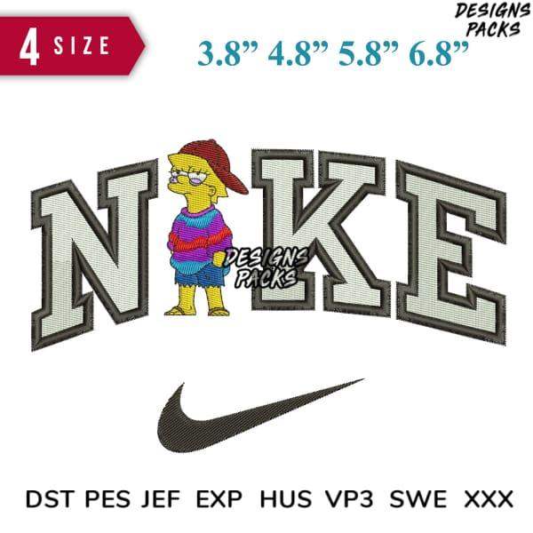 Embroidery design featuring cartoon character in Nike-style lettering, available in multiple sizes and file formats.