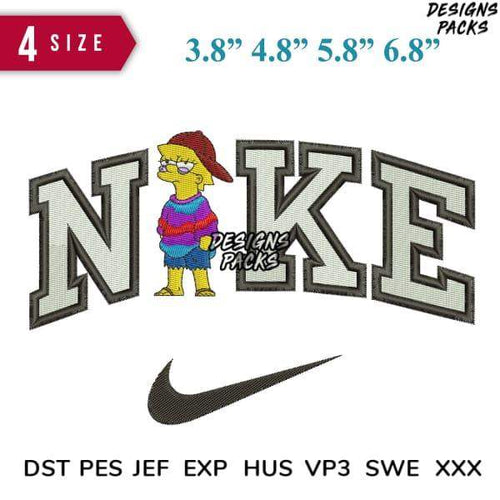 Embroidery design featuring cartoon character in Nike-style lettering, available in multiple sizes and file formats.