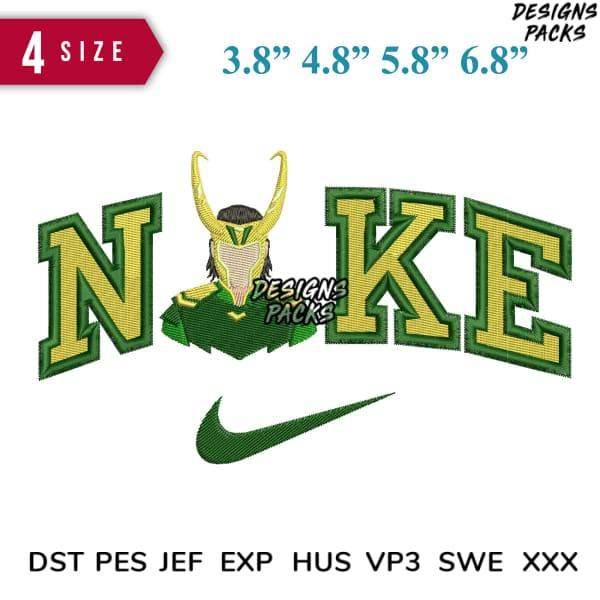 Loki-themed Nike embroidery design in green/yellow, 4 sizes, PES/DST/EXP formats for instant download