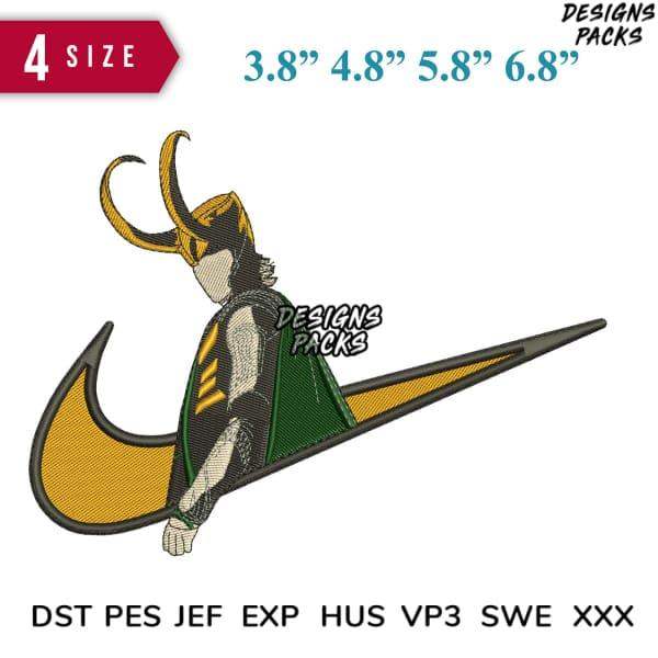 Loki embroidery design in 4 sizes, compatible with DST PES JEF formats, perfect for custom apparel and crafts.