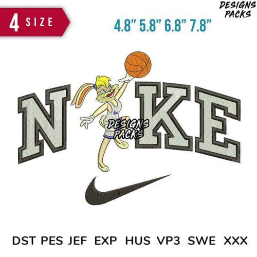 Embroidery design featuring cartoon rabbit with basketball and Nike logo, available in multiple sizes and formats.