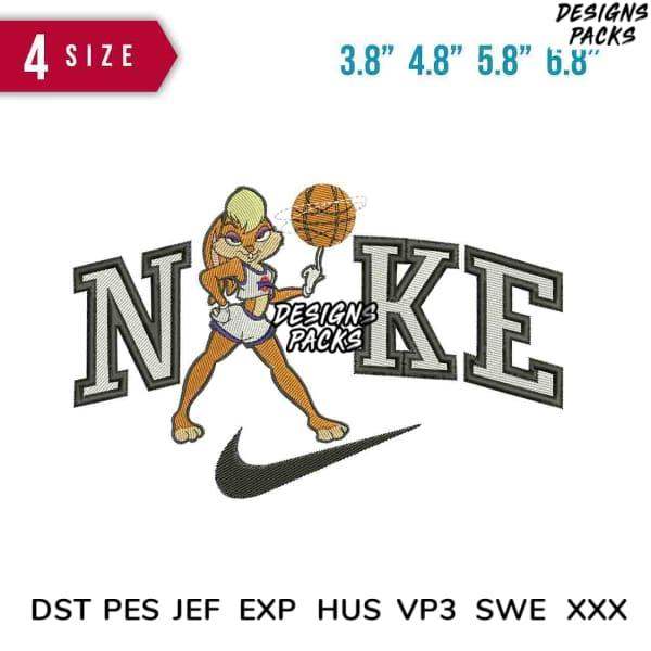Basketball cat mascot embroidery design with Nike-style lettering, available in multiple sizes and formats.
