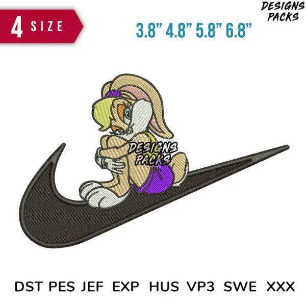 Embroidery design of cartoon bunny on swoosh logo, 4 sizes, PES DST JEF formats