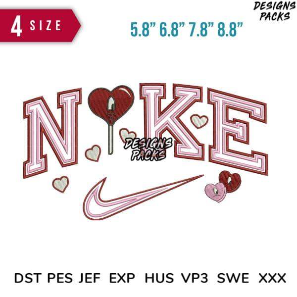 Embroidery design with 'NIKE' text, heart lollipop, and swoosh in 4 sizes, PES DST formats