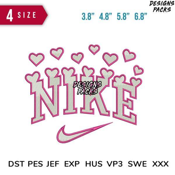 Pink heart-themed Nike embroidery design in multiple sizes, compatible with DST PES JEF formats