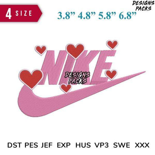 Pink Nike Swoosh with red hearts, embroidery design in 4 sizes, compatible with DST PES JEF formats