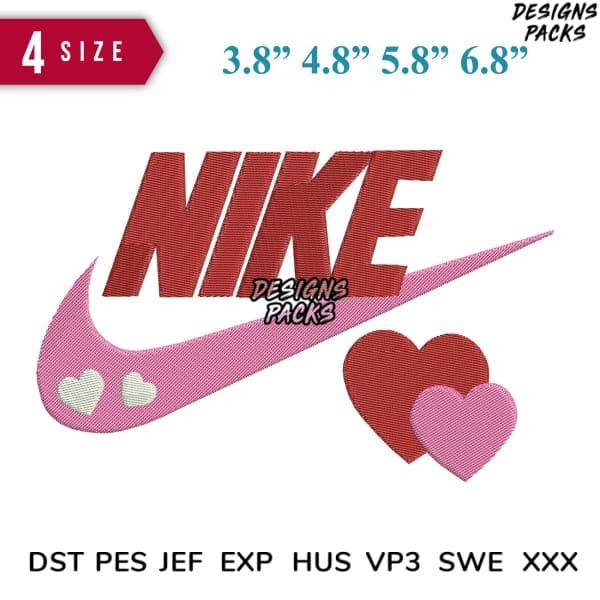 Nike logo embroidery design with hearts in 4 sizes, compatible with DST PES JEF formats for instant download