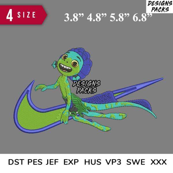 Embroidery design of a green cartoon character riding a surfboard, available in multiple sizes and formats.
