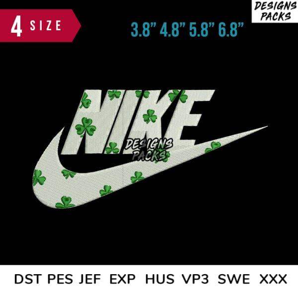 St. Patrick’s Day Nike swoosh embroidery design with shamrocks, 4 sizes, DST PES JEF formats