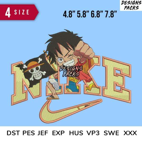 Luffy One Piece embroidery design with Nike logo, 4 sizes, DST PES JEF formats for instant download