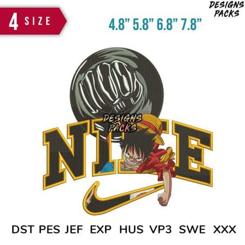 One Piece Luffy embroidery design with Nike swoosh, 4 sizes, DST PES JEF formats