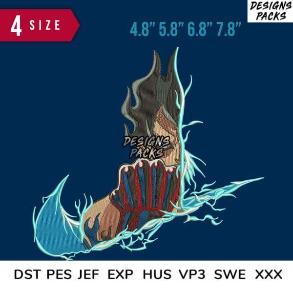Embroidery design with flame and lightning, available in multiple sizes and formats