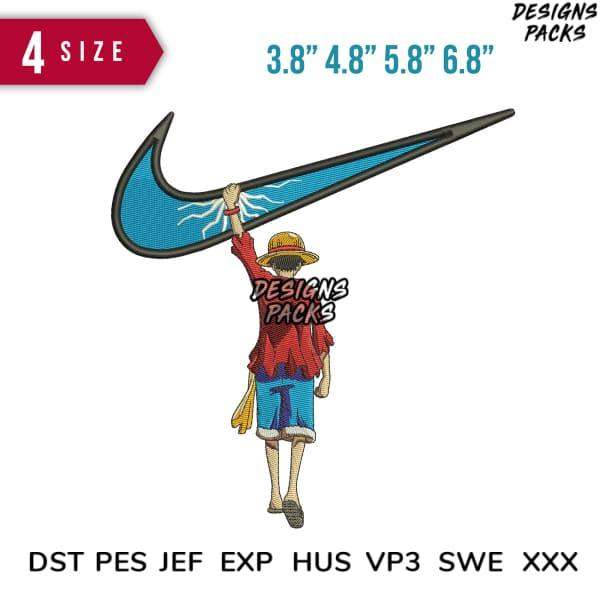 One Piece Luffy holding giant Nike swoosh embroidery design in 4 sizes, DST PES formats