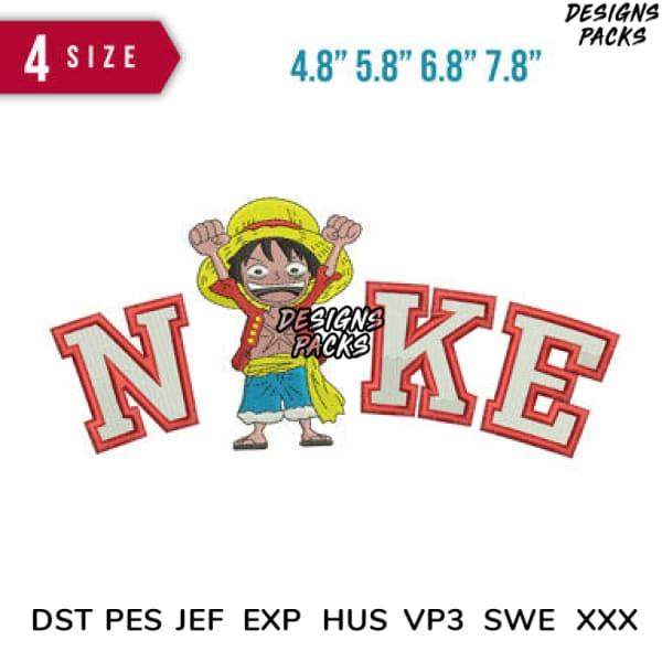 Luffy embroidery design with 'NAKE' lettering, 4 sizes, PES DST formats for machine embroidery